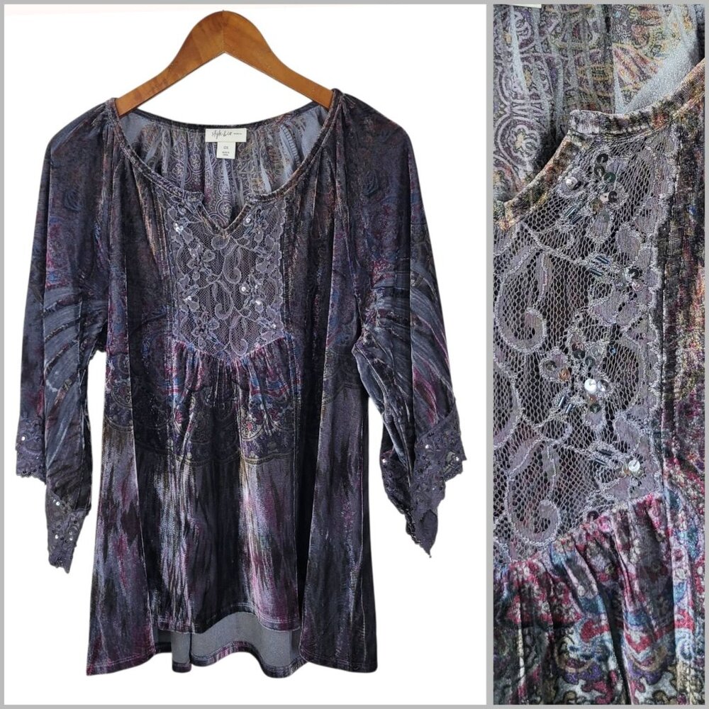 Style Co Plus 0X 14W Top Velvet romantic Sequin Lace Art To Wear Bell Sleeve